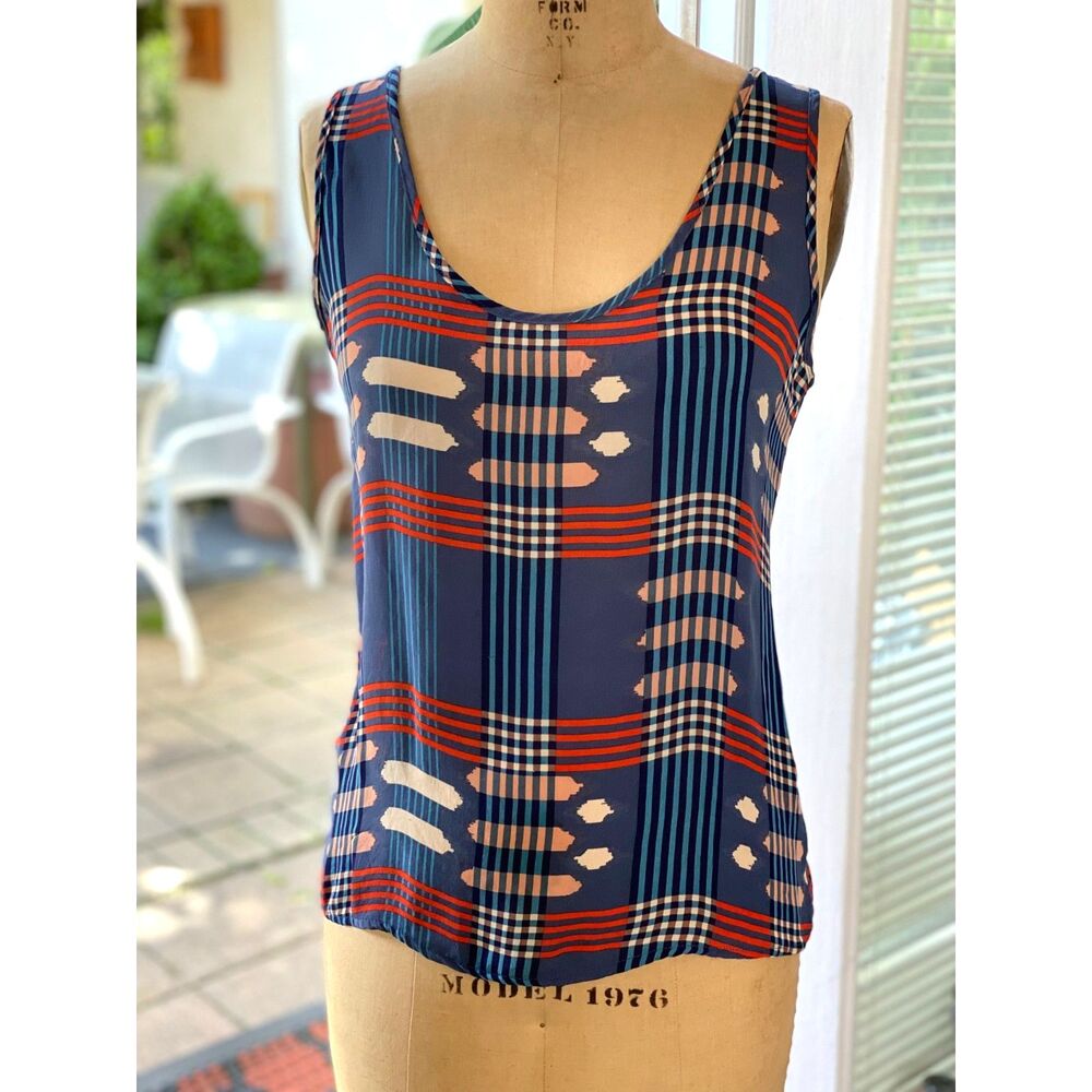 Tucker 100% Silk Multicolor Southwest Plaid Style Tank Top Size S